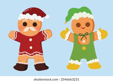 Cute Santa and Elf Gingerbread Man Illustration for Winter Holiday Decor