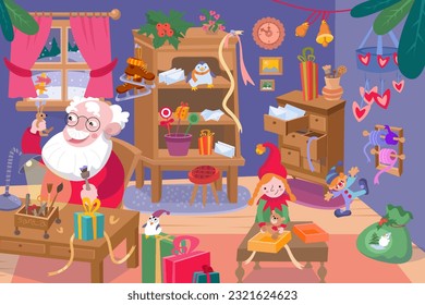 Cute Santa and Elf makes gifts for children. Santa Claus' workshop with furniture, items, gifts, letters. Winter Christmas holidays. Scene, vector cartoon illustration. 