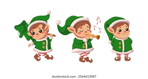 Cute Santa elves celebrating Christmas flat color vector icon set. Little people with fir tree flute and happy mood characters pack on white