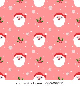 Cute Santa face with holly on a pastel pink background with snowflakes. Seamless Christmas pattern