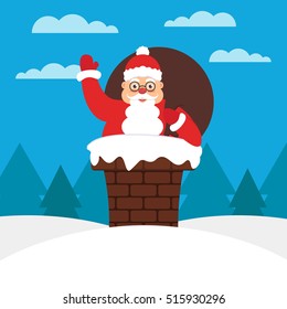 Cute Santa with gift bag in chimney on the roof. Modern flat illustration.