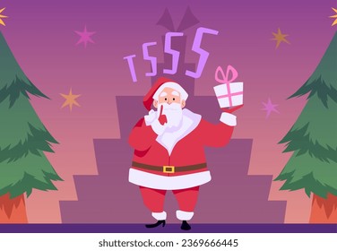 Cute Santa with gift box puts finger to lips, gesture of silence flat style, vector illustration. Decorative design for postcards, secret Santa, Christmas holiday
