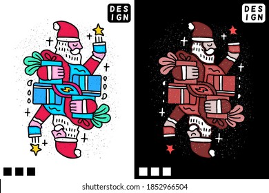 Cute Santa with gift boxes. Hand drawn holiday illustration in cartoon, doodle style for New Year and Christmas