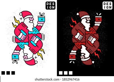 Cute Santa and gift boxes. Hand drawn holiday illustration in cartoon, doodle style for New Year and Christmas