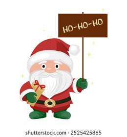 Cute Santa with Gift and Ho-Ho-Ho Sign
