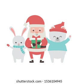 cute santa with gift and rabbit bear with hat sweater merry christmas vector illustration