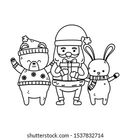 cute santa with gift and rabbit bear with hat sweater merry christmas vector illustration thick line