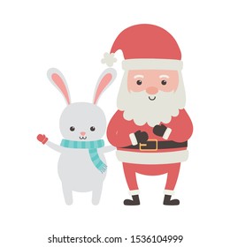 cute santa with gift and rabbit with scarf merry christmas vector illustration