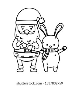 cute santa with gift and rabbit with scarf merry christmas vector illustration thick line