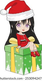 Cute santa girl christmas gift chibi character vector