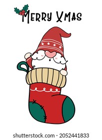cute Santa Gnome in Christmas sock, Merry xmas. Cartoon doodle hand drawn flat vector 