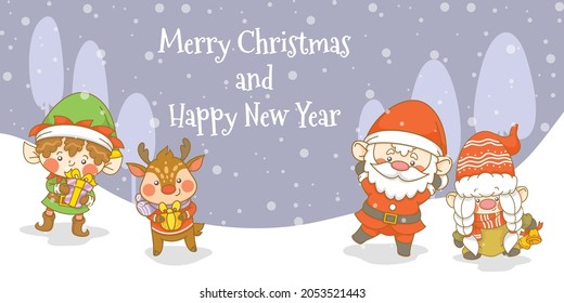 cute santa, gnome, elf, and deer with christmas and new year greeting banner.