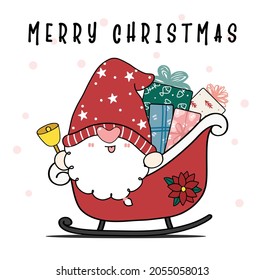 Cute Santa Gnome with plie of present gift boxes in red sled, Merry Christmas, Cartoon hand drawn doodle flat vector outline