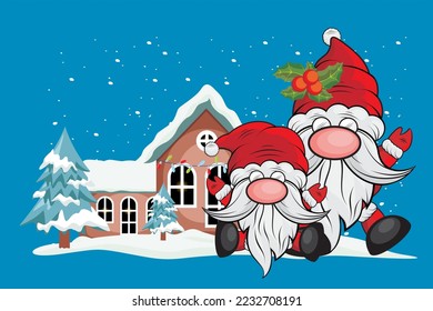 Cute Santa Gnome Vektor. In der Weihnachtszeit posieren die Nomaden vor dem Haus. Weihnachtsgrafik für Grußkarten und Weihnachtsgeschenke