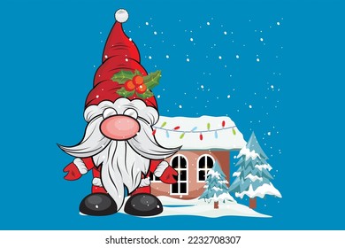 Vector de Santa gnome. Gnomes posando frente a la casa en Navidad. Ilustración navideña para tarjetas de felicitación y regalos de Navidad