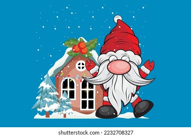 Cute Santa Gnome Vektor. In der Weihnachtszeit posieren die Nomaden vor dem Haus. Weihnachtsgrafik für Grußkarten und Weihnachtsgeschenke