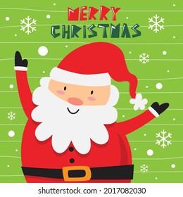 cute santa with green background and snowflakes with merry christmas lettering