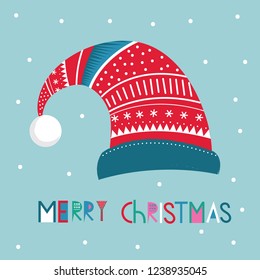 Cute Santa hat with merry Christmas text, vector illustration