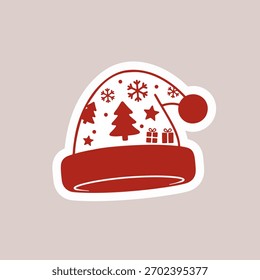 Linda etiqueta engomada del Vector del sombrero de Papá Noel blanco y negro - Navidades minimalistas Diseño de elementos de Festiva para temporadas festivas