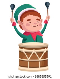 cute santa helper christmas character playing drum vector illustration design