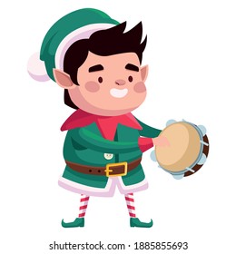 cute santa helper christmas character playing tambourine vector illustration design