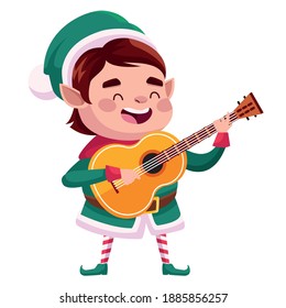 cute santa helper christmas character playing guitar vector illustration design