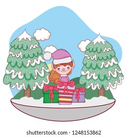 cute santa helper with gifts in the snowscape