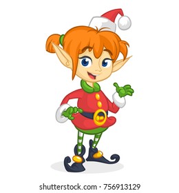 Cute Santa helper girl shows on a white blank banner. Cartoon vector illustration isolated