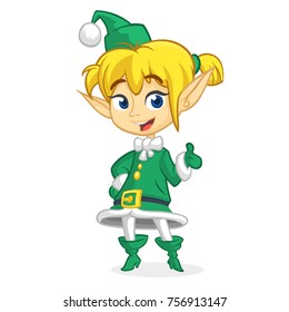 Cute Santa helper girl shows on a white blank banner. Cartoon vector illustration isolated