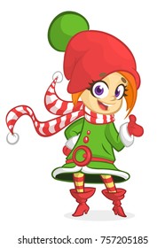 Cute Santa helper girl shows on a white blank banner. Cartoon vector illustration isolated