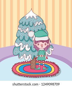 cute santa helper with pine tree in the house