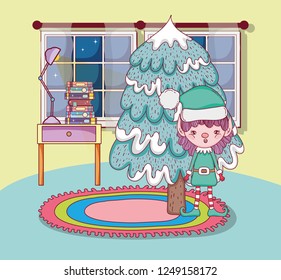 cute santa helper with pine tree in the house