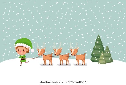 cute santa helper with reindeer in snowscape