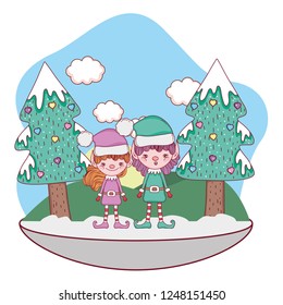 cute santa helpers couple in the snowscape