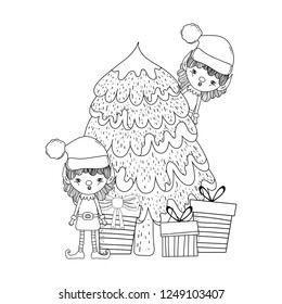 cute santa helpers with pine tree