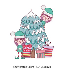 cute santa helpers with pine tree