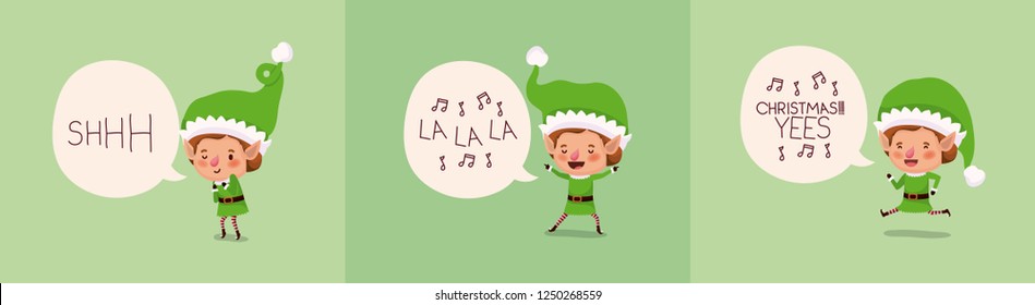 cute santa helpers with speech bubbles