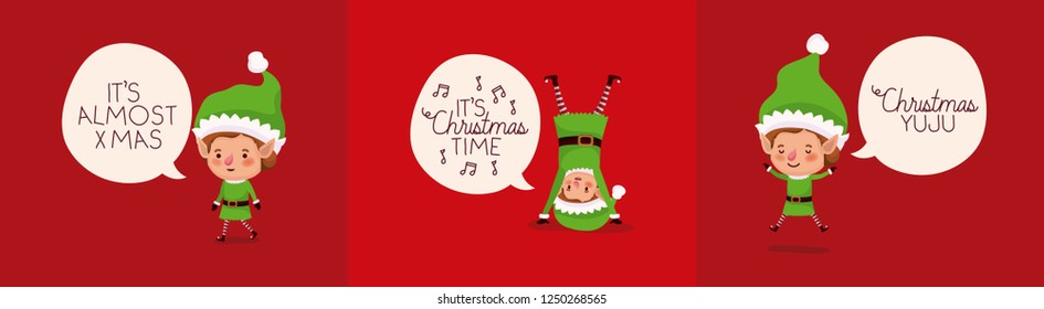 cute santa helpers with speech bubbles