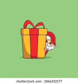 Cute Santa is hiding behind a big present