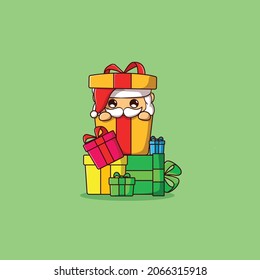 Cute Santa is hiding behind a lot of present flat cartoon style Premium Vector