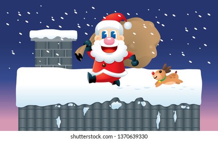 A cute Santa and his reindeer is busy sending Christmas presents. Vector.