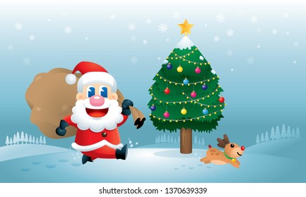 A cute Santa and his reindeer is busy sending Christmas presents. Vector.