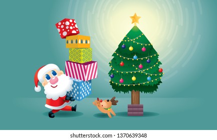 A cute Santa and his reindeer is preparing presents under the Christmas tree. Vector.