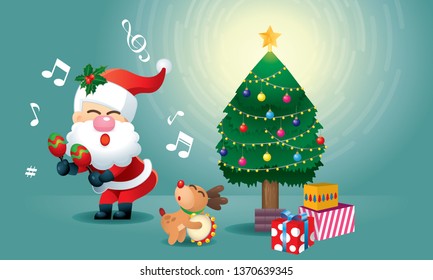 A cute Santa and his reindeer is singing and dancing under the Christmas tree. Vector.