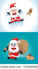 A cute Santa and his reindeer in various posts, with colourful backgrounds. Vector.
