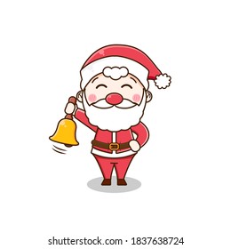 Cute santa holding bell. Vector illustration of chibi character isolated on white background.