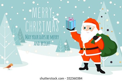 A cute Santa holding a gift in a beautiful winter landscape in flat design in vector