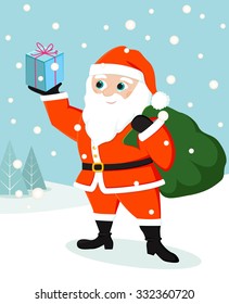 A cute Santa holding a gift in a beautiful winter landscape in flat design in vector