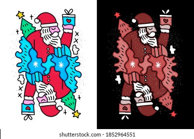 Cute Santa holding gift boxes. Hand drawn holiday illustration in cartoon, doodle style for New Year and Christmas