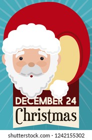 Cute Santa with long red hat, ribbon with Christmas date, reminding at you to celebrate this special holiday this December 24.